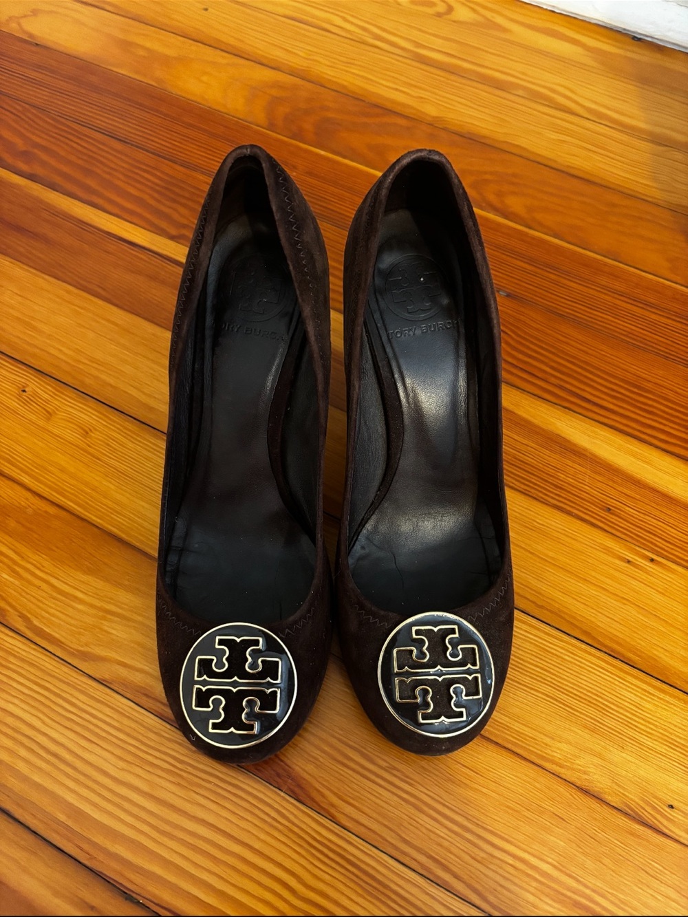 Tory Burch Dark Brown Suede Logo Medallion Pumps